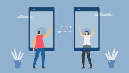 Online communication with smartphone technology. Social distancing design for the trend of this year. It is a coronavirus or COVID-19. Vector illustration is in flat style. Work from home.のイラスト素材