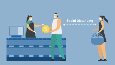 Social distancing in supermarket. Keep distance from other people. Save life from coronavirus outbreak. Vector illustration designs in flat style.のイラスト素材