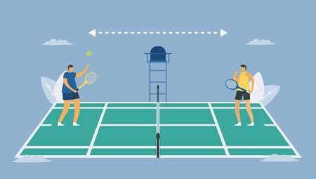 Social distancing in tennis sport. Play away from freind. Save life from coronavirus outbreak. Vector illustration designs in flat style.のイラスト素材