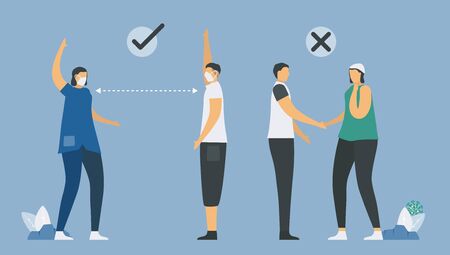Correct way to protect coronavirus. That is a social distancing. People will greeting by hands showing. And do not touch hands from other people. Vector illustration designs in flat style.のイラスト素材