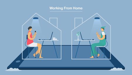 Video conference calls with Laptop or smartphone. Work from home for protecting new coronavirus. Isolated vector is in flat style.のイラスト素材