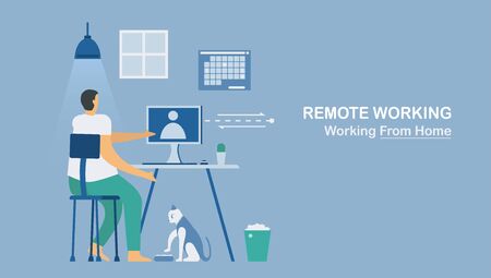 Video conference calls with Laptop or smartphone. Work from home for protecting new coronavirus. Isolated vector is in flat style.のイラスト素材