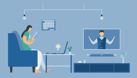 Video conference calls with Laptop or smartphone. Work from home for protecting new coronavirus. Isolated vector is in flat style.のイラスト素材