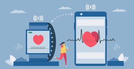 Smartwatch and smartphone for health. Checking heart rate, temperature and others. New future technology for people. Infographic vector illustration in flat style.のイラスト素材