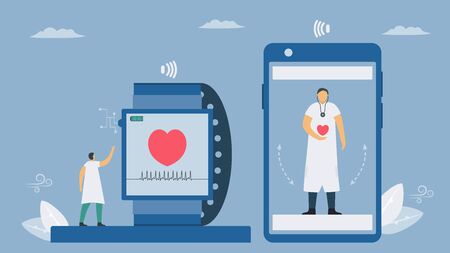 Smartwatch and smartphone for health. Checking heart rate, temperature and others. New future technology for people. Infographic vector illustration in flat style.のイラスト素材