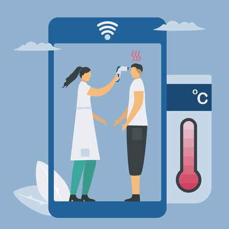Temperature testing by non-contact thermometer and smartphone. Checking new coronavirus in people with new technology. Vector illustration designs about protection COVID-19.のイラスト素材