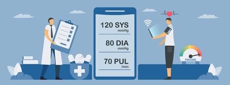 Arm blood pressure monitor with wireless module. New technology for heartbeat and pulse checking. Easy for installation and using by yourself. Vector elements isolated on blue background.のイラスト素材