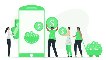People deposit money to e-wallent or digital wallet. This can be kept in form smartphone applications to purchase something at store. Minimal green monochromatic color design in e-payment concept.のイラスト素材