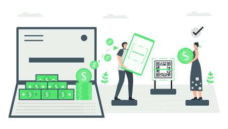 The man uses application to scan QR code for money paying. It can instead of account book directly. Minimal green monochromatic color design in e-payment concept.のイラスト素材