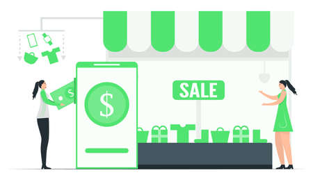 Woman pays money to buy items in e-payment application. They only choose accessories on online shops, then they will get them. This minimal illustrator was designed by using green tone color.のイラスト素材
