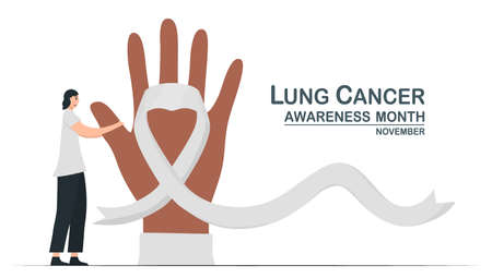 Lung cancer awareness month, November. The woman touches finger hopefully. This graphic for banner, poster, background and advertisments. Flat vector illustration isolated on white background.のイラスト素材
