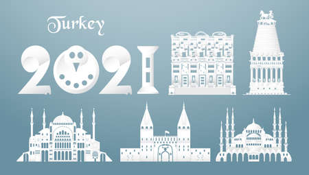 November 19, 2021: Sets of top famous landmark of Turkey country for travel and tour. Vector illustration design in paper cut and craft style on blue background.のイラスト素材