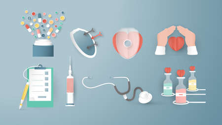 Decoration elements for health insurance. Art Craft in 3D paper cut style.の写真素材