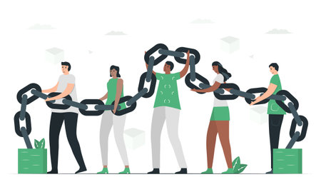 People use blockchain to make database together. This technology can keep secret of datas. E-payment concept. This infographic banner was designed by using vintage green color.のイラスト素材