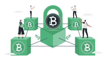 People use blockchain to make database together. This technology can keep secret of datas. E-payment concept. This infographic banner was designed by using vintage green color.のイラスト素材