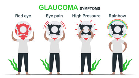 Eye disease symptoms include red eye, pain, high pressure and rainbow. National Glaucoma Awareness Month. Illustrated vector isolates on white background.のイラスト素材