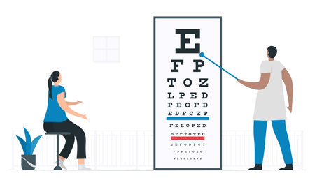 Visual acuity is testing to check and measure clarity of vision. Woman looks at Snellen chart that doctor points. Infographic for National Glaucoma Awareness Month.のイラスト素材