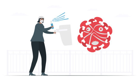 Woman person is be strong and fighting with COVID-19 outbreak. Her holded equipments include face shield and hand sanitizer. Vector illustration is in medical concept.のイラスト素材