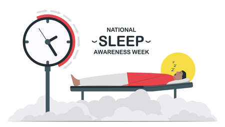 National Sleep Awareness Week. Man is in deep dream. Vector illustration in flat style. This graphic...