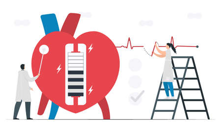This heart disease problem is bradycardia arrhythmia. Diagnostic and analysis shows that periodic signal is slow impulse response around sinus node. Cardiology vector illustration.のイラスト素材