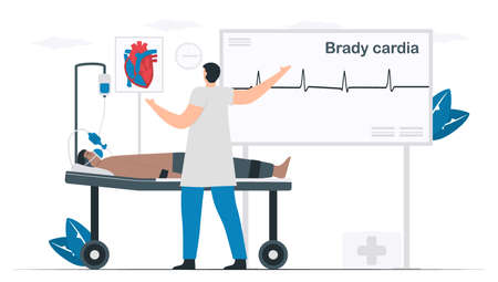 Doctor treats and diagnoses a patient. This heart disease called bradycardia arrhythmia. Periodic signal is slow impulse response. Isolated cardiology vector illustration.のイラスト素材