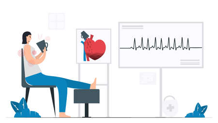 Woman takes coffee too much. It can be occurred heart disease problem that called tachycardia arrhythmia. Periodic signal is fast impulse response because. Cardiology vector illustration.のイラスト素材
