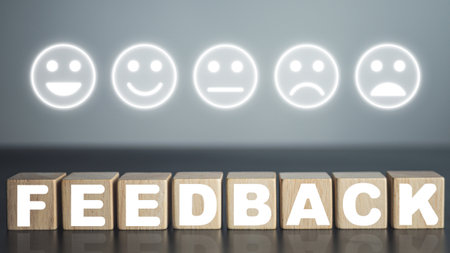 Evaluation and satisfaction concept. Feedback emoji face from excellent to poor. Close up shot on wood blocks.の写真素材