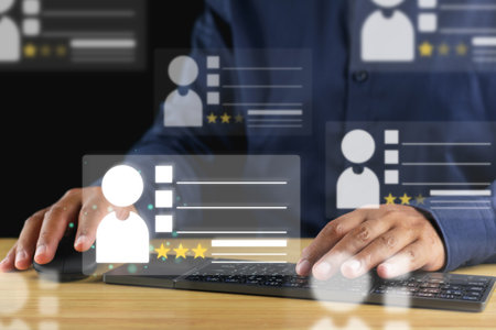 Recruitment concept. Human Resource Manager finds new people to join an organization or support a cause. The man uses AI hologram to find a best person.の写真素材