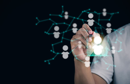 Selection concept. This is choosing person to join an organization or support a cause. A man points to a best person in hologram. Network society.の写真素材