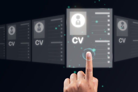 Recruitment concept. Human Resource Manager chooses new people to join an organization or support a cause. The man uses AI hologram to find a best person.の写真素材