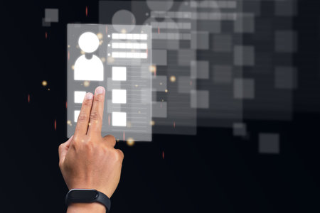Recruitment concept. Human Resource Manager finds new people to join an organization or support a cause. The man uses AI hologram to find a best person.の写真素材
