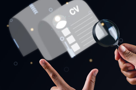 Recruitment concept. Human Resource Manager finds new people to join an organization or support a cause. Someone holds magnifying glass. Composite image with CV hologram.の写真素材
