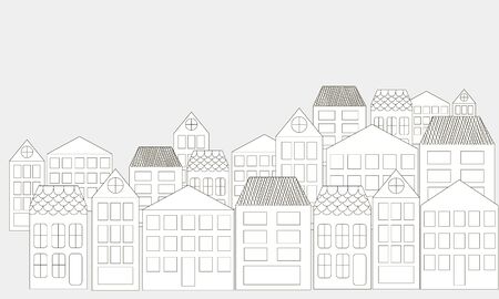 rows of houses on a white background, vector, black and white illustrationのイラスト素材