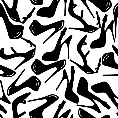 Silhouette of shoes with heels on a white background, seamless patternのイラスト素材