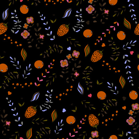 Flowers and berries seamless pattern, vector. Perfect for prints on fabric, wrap, paper goods. Gardening themeのイラスト素材