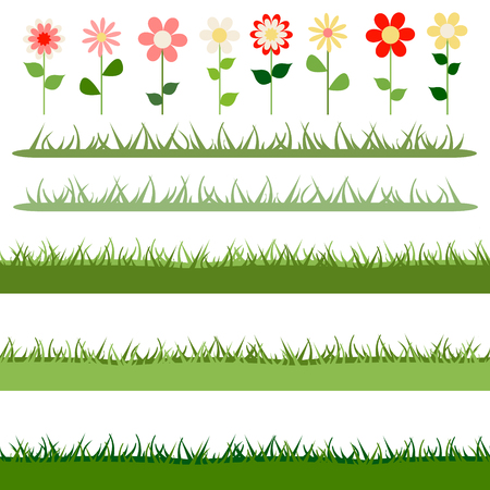 Cartoon set of vector summer elements. Seamless borders of grass and flowers isolated on white backgroundのイラスト素材
