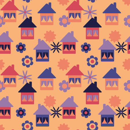 Childish seamless pattern with cute little houses and flowers, vector. Good for surface decor, print on fabric, wallpaper and moreのイラスト素材