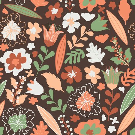 Seamless floral pattern. Pretty hand-drawn flowers on brown background. Colorful botanical texture for kids, vectorのイラスト素材