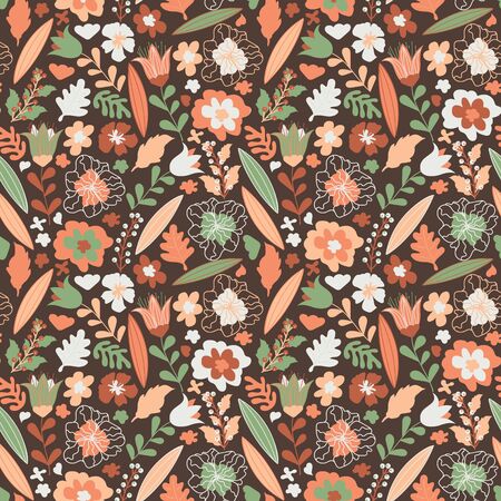 Autumn seamless pattern with flowers and leaves. Decorative hand drawn floral pattern. Print for fabric in boho styleのイラスト素材