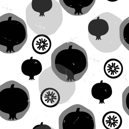 Abstract seamless pattern with garnets. Vector black and white seamless pattern. Seamless pattern with creative decorative fruits in scandinavian style. Black and white abstract background.のイラスト素材