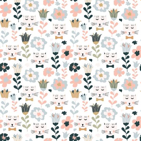 Seamless pattern with hand drawn cats and flowers. .のイラスト素材