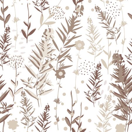 Botanical seamless pattern, vector. Abstract seamless texture with flowers and herbs. Beautiful floral pattern in neutral colors. Great for wallpaper, fabric, textileのイラスト素材