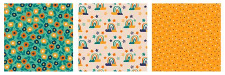 Set of seamless patterns for kids. Cute endless textures with flowers, rainbows, dots. Colorful...