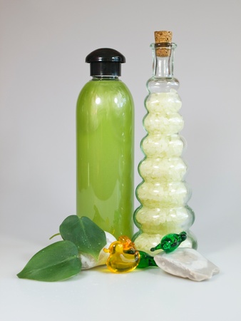 Green shower gel and bath saltsの写真素材