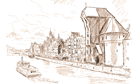 Gdansk old town and famous crane, Polish Zuraw. View from Motlawa river, Poland at romantic sunset, night. The city also known as Danzig and the city of amber.の写真素材