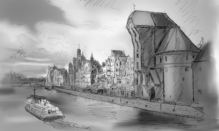 Gdansk old town and famous crane, Polish Zuraw. View from Motlawa river, Poland at romantic sunset, night. The city also known as Danzig and the city of amber.の写真素材