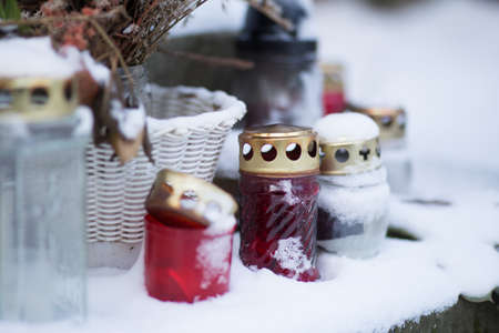 Snow with grave lights in czechの写真素材