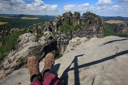 Schrammsteine, view over sandstone cliff into deep Saxony Switzerland,の写真素材