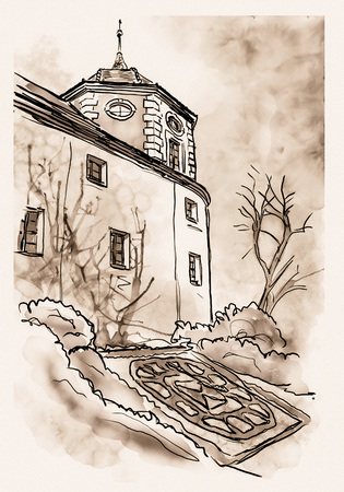 Zittau building Fleischerbastei with flowerclockの写真素材