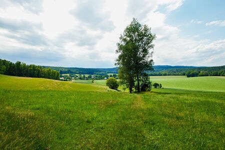 view over the fields and meadows to Gie huebel in Saxon Switzerlandの写真素材
